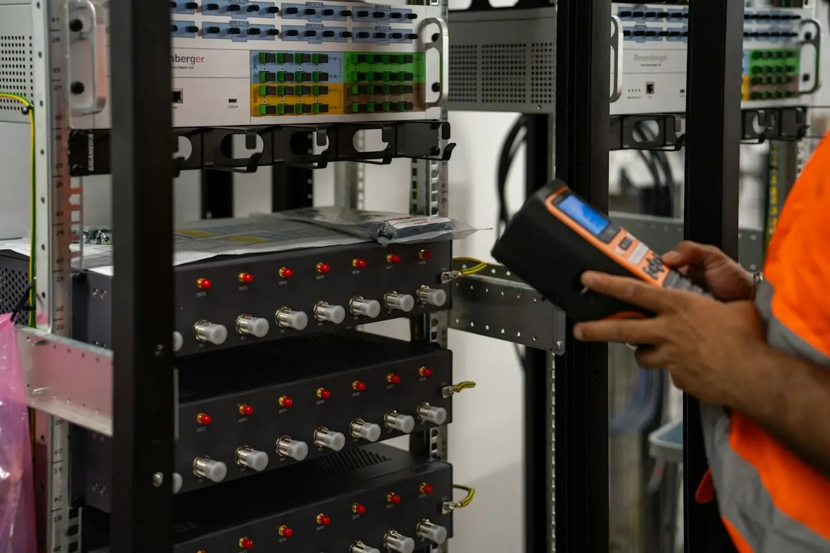 Technician testing network equipment in a server rack