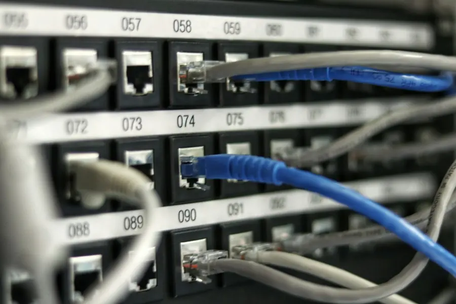 Patch panel with neatly terminated Cat6 network cables
